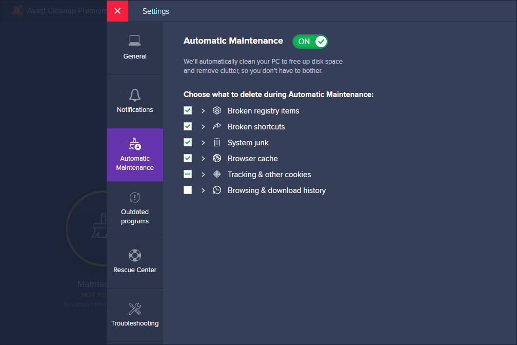 Avast Cleanup Premium Automatic Maintenance settings