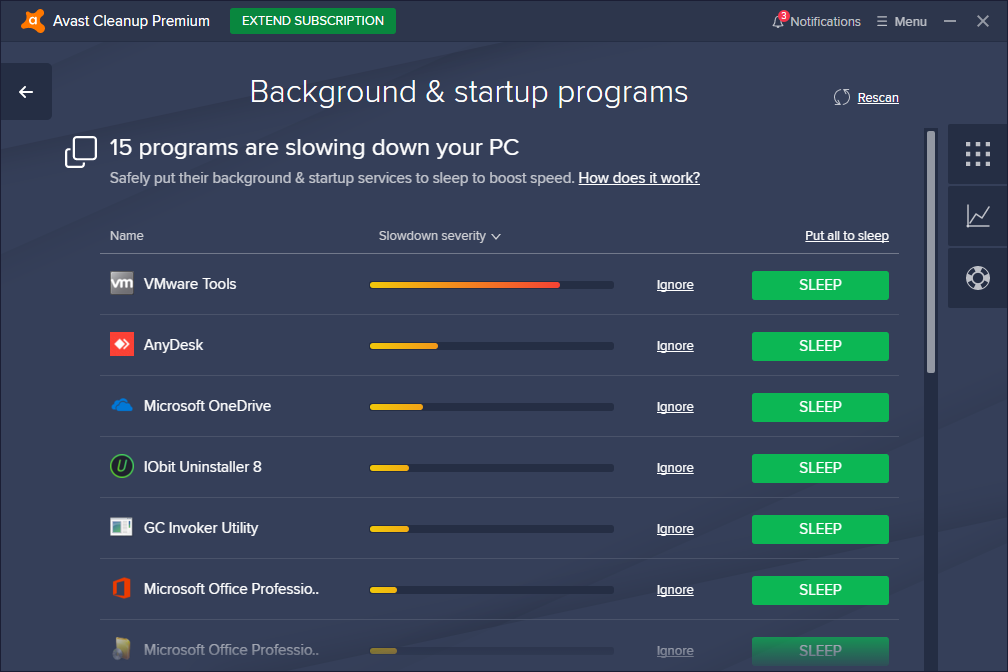 Avast Cleanup Premium Background and Startup Programs screen