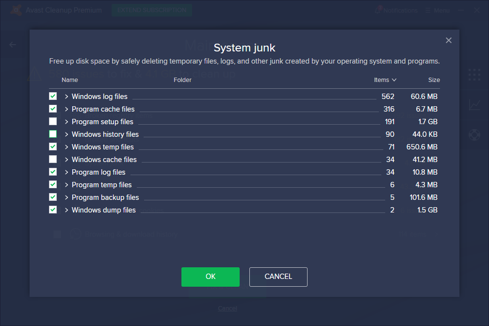 Avast Cleanup Premium System Junk list