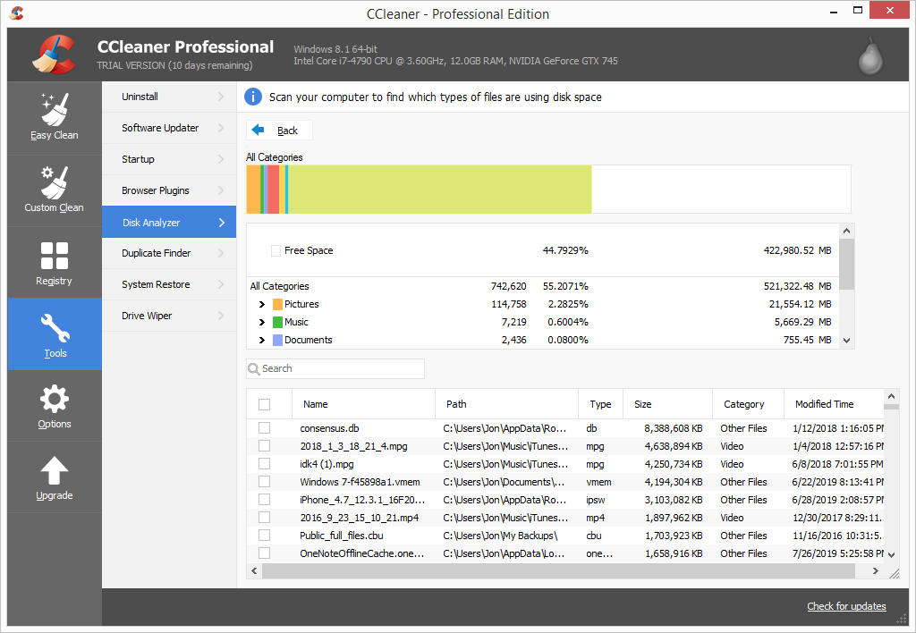 CCleaner Pro disk analyzer