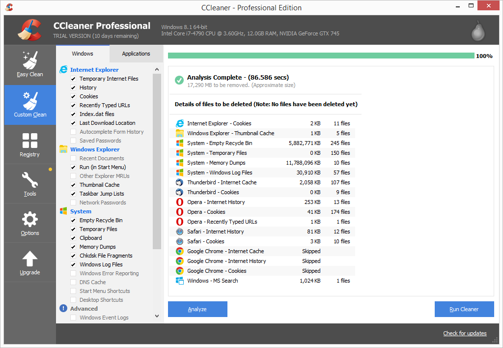 CCleaner Pro custom clean analysis results