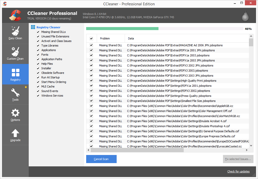 CCleaner Pro registry cleaner scan