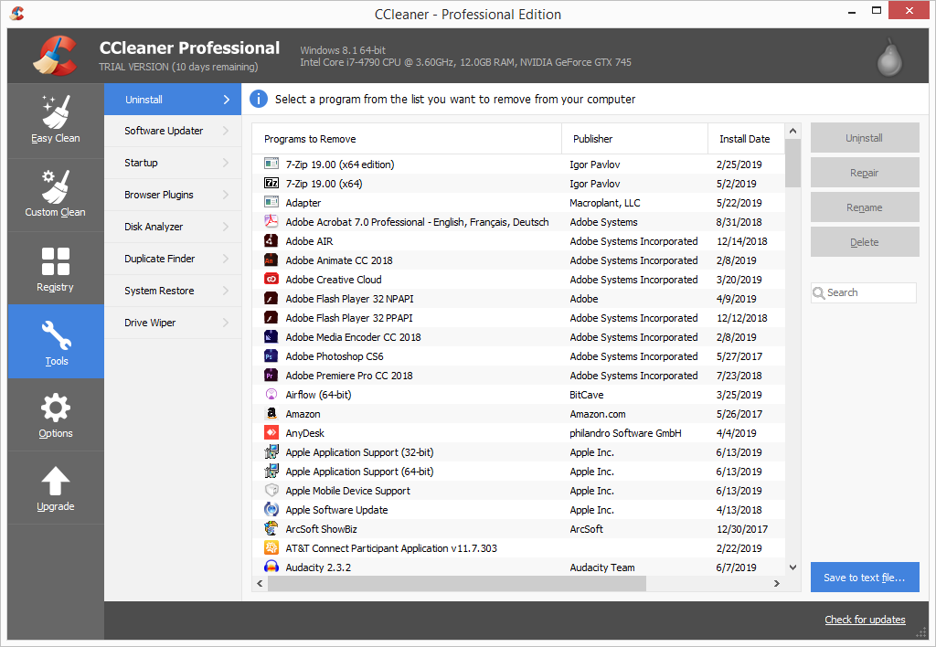 CCleaner Pro tools page