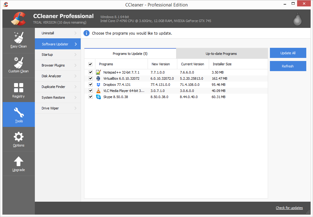 CCleaner Pro software updater