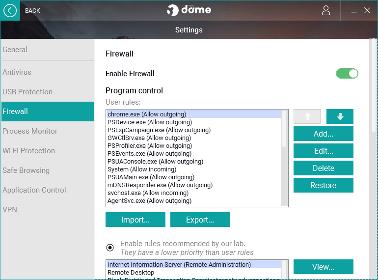 Panda Dome Essential firewall settings
