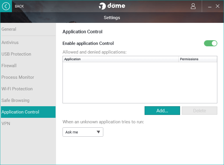 Panda Dome Essential Application Control settings