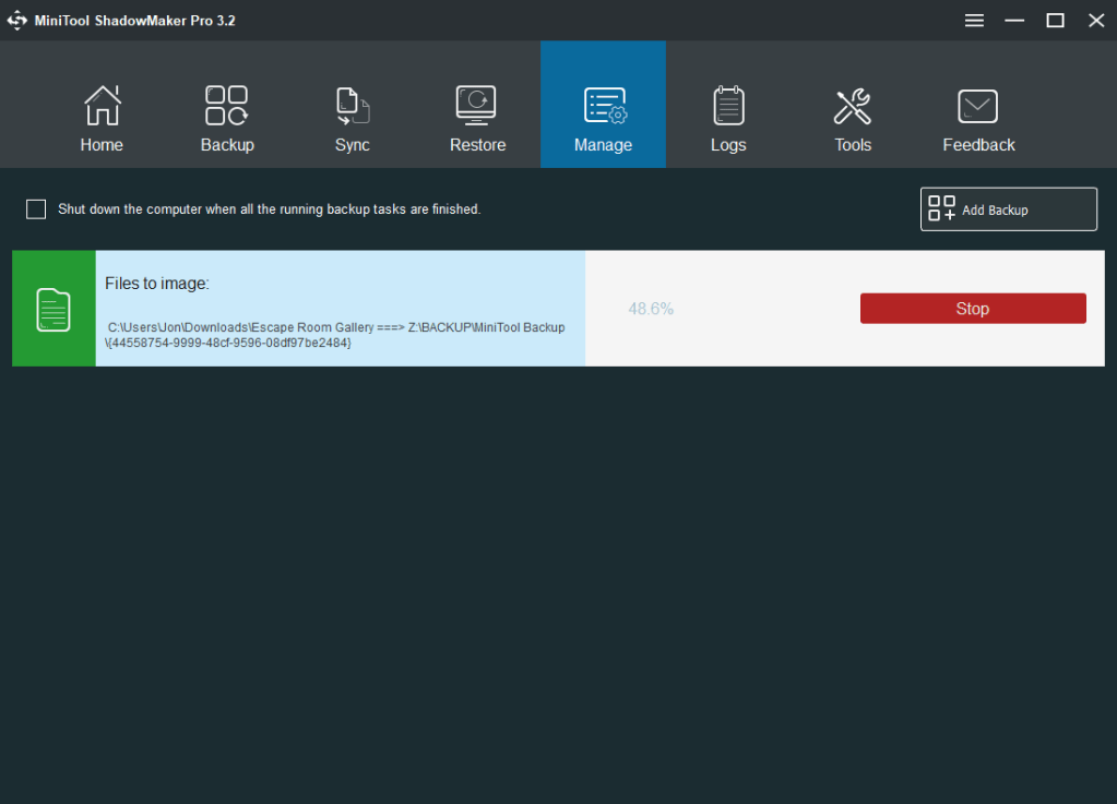 MiniTool ShadowMaker Pro backup progress