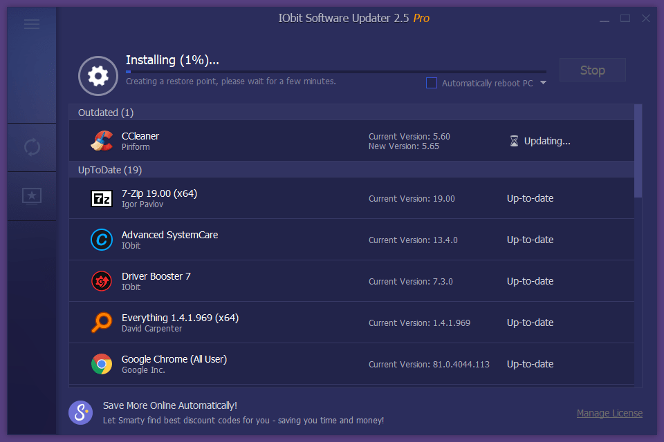 IObit Software Updater Pro making a restore point