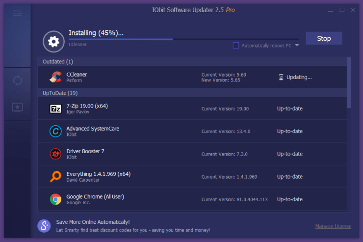 IObit Software Updater Pro updating an outdated program