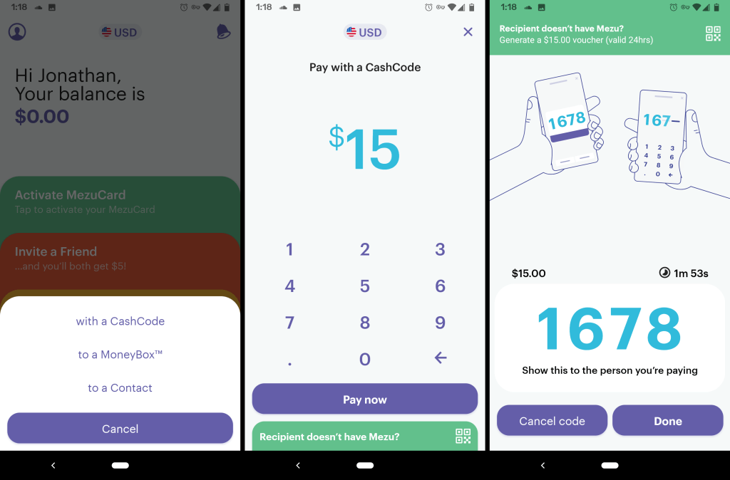 Mezu sending money online screens
