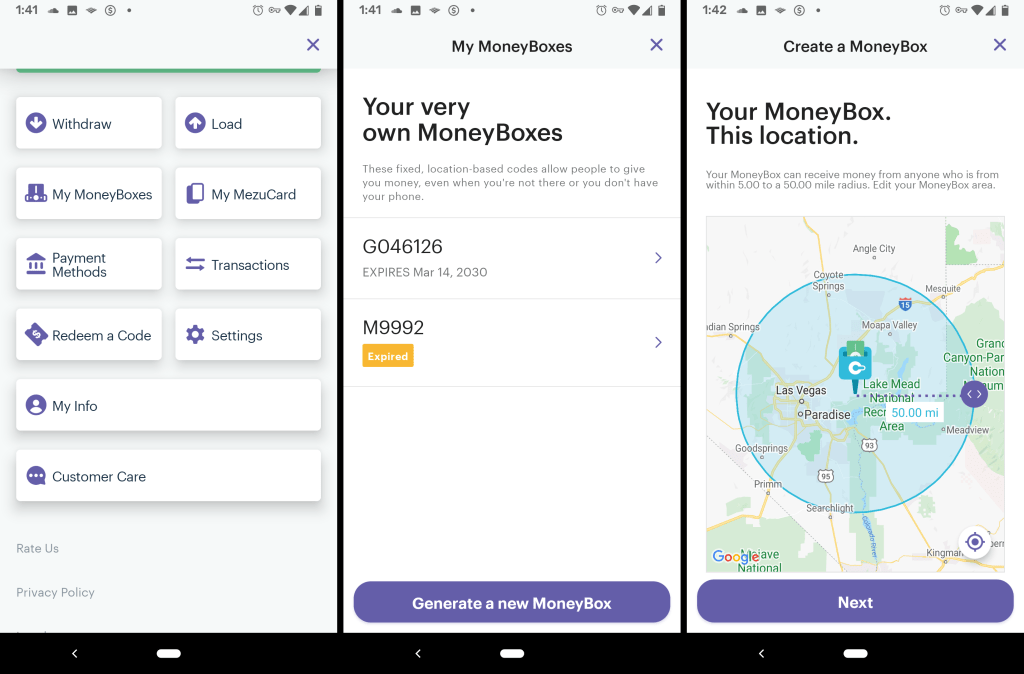 Mezu MoneyBoxes screens